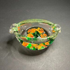 Joe St. Clair Trumpet Flower Floral Orange & Green Art Glass Ashtray Paperweight
